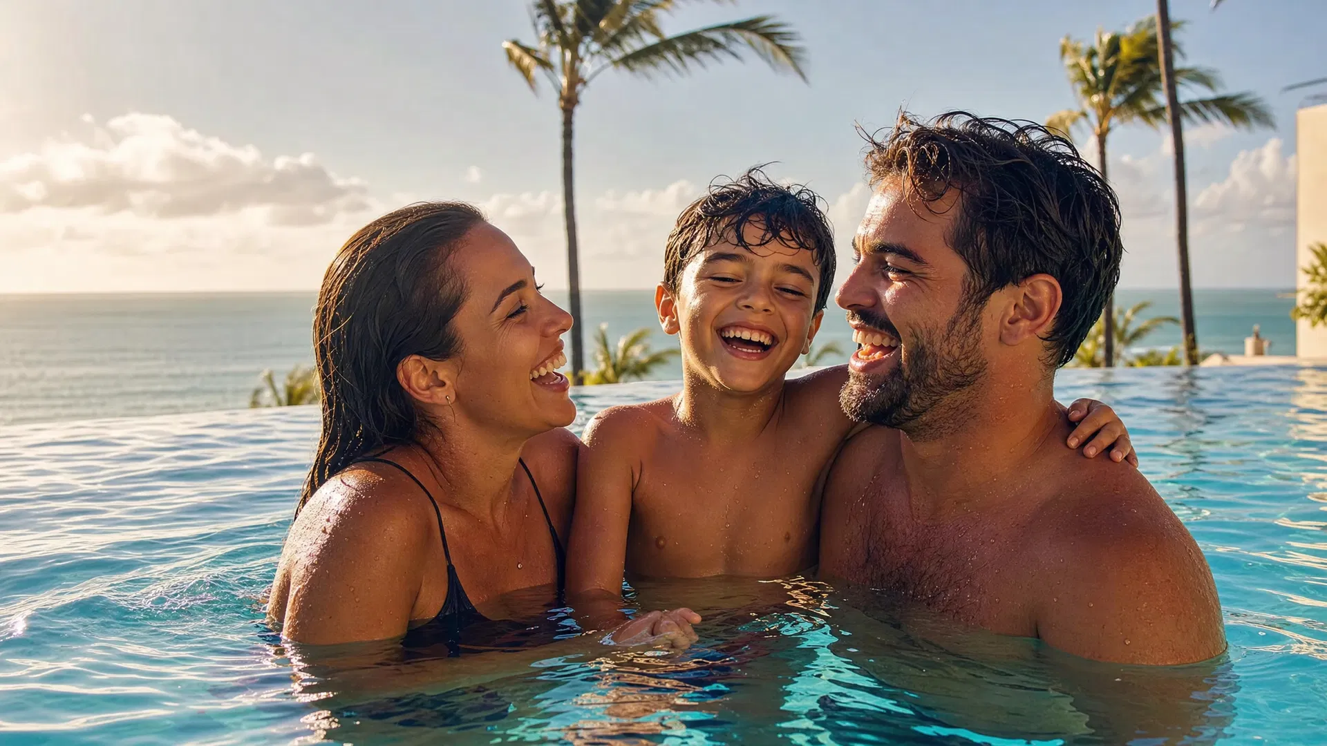 Fam&iacute;lia feliz em resort de praia no Nordeste